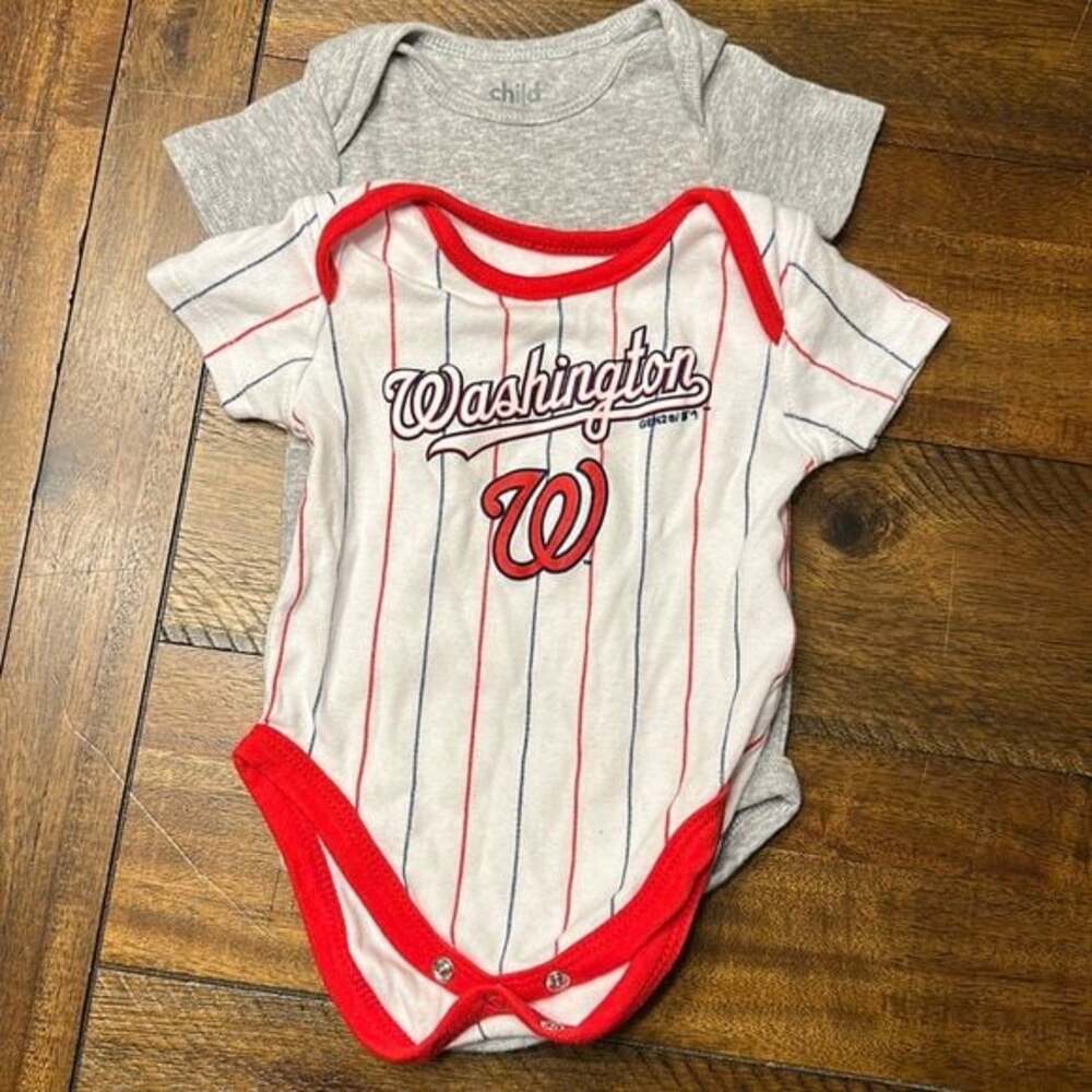 LOT OF TWO ONESIES sizes 0-3mo and 3-6mo WASHINGTON BASEBALL WHITE RED, GREY